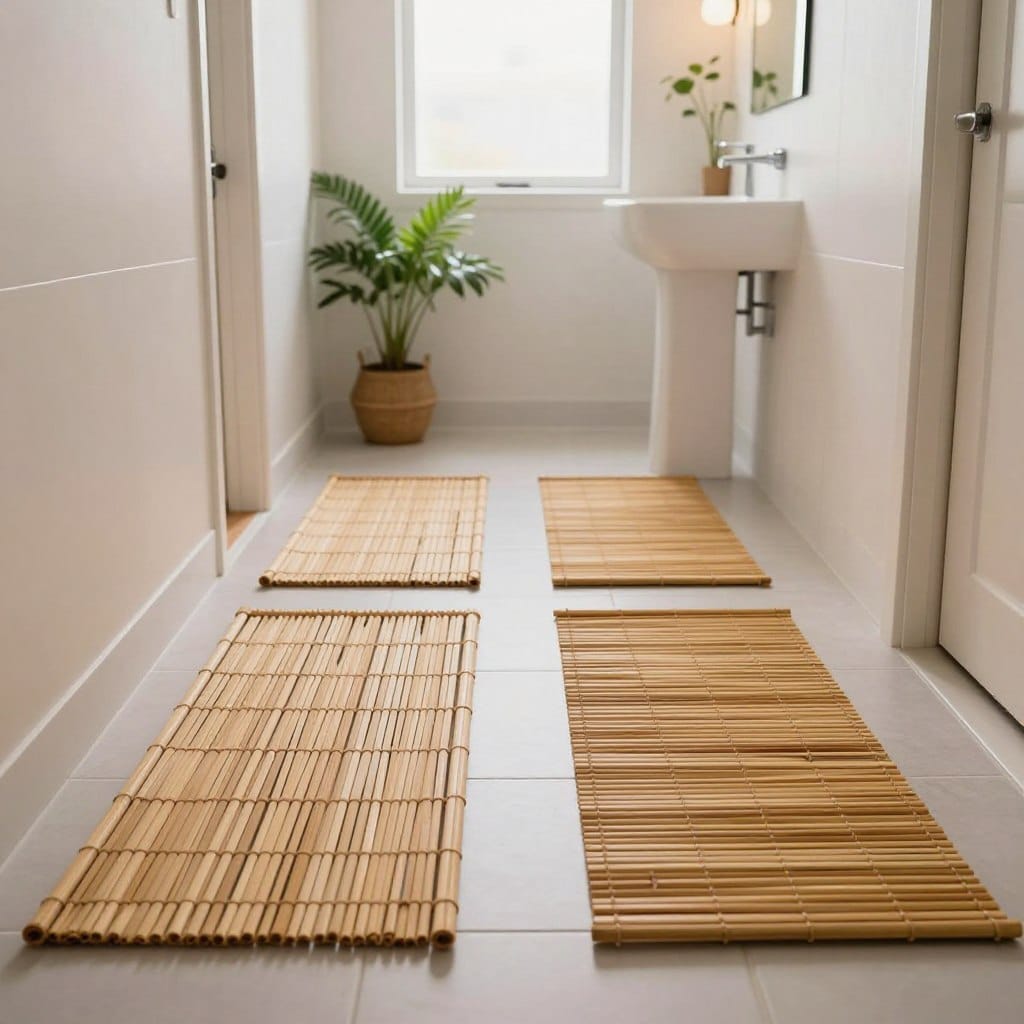 A serene narrow bathroom featuring elegant bamboo runner rugs, carefully laid along the floor. In the foreground, highlight the texture and natural tones of the bamboo fibers, emphasizing a cozy and sustainable aesthetic. The middle ground should depict a minimalist bathroom space with sleek white tiles, a modern pedestal sink, and soft greenery like potted plants enhancing the tranquil atmosphere. In the background, include a large mirror reflecting the soft, ambient light flooding in from a frosted window, creating a warm and inviting environment. The overall mood is calming and refreshing, perfect for small spaces, inviting connection with nature while maintaining a contemporary look. Use soft, diffused lighting to enhance the natural materials and create a peaceful ambiance.