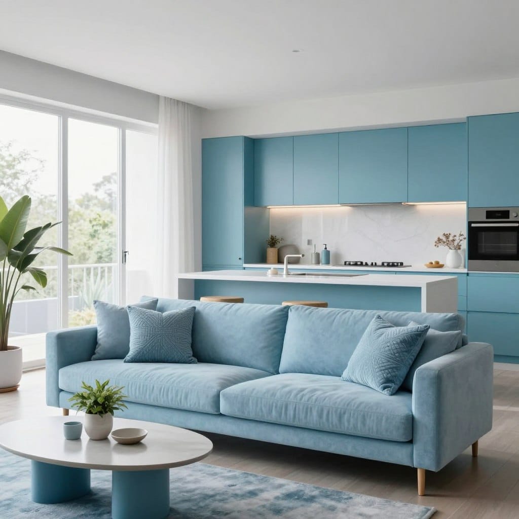 A serene open-plan living room and kitchen featuring calming shades of blue and aqua. In the foreground, a cozy seating area with a soft light blue couch adorned with textured pillows, a stylish coffee table, and a small potted plant. The middle layer showcases a modern kitchen with aqua-colored cabinetry, sleek white countertops, and tasteful decorative accents. Large windows in the background allow natural light to flood the space, enhancing the tranquil atmosphere. Soft diffused lighting creates an inviting ambiance, emphasizing smooth surfaces and subtle textures. The overall mood is relaxed and refreshing, perfect for a modern home dedicated to comfort and style.