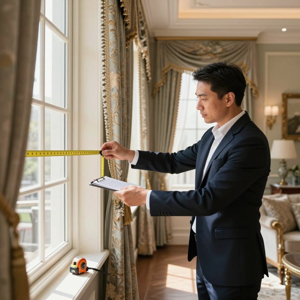 A skilled professional window treatment installer, dressed in smart business attire, meticulously measures a large window in a well-lit, elegantly decorated living room. The foreground features a measuring tape extended across the window, with precision tools such as a laser level and a notepad for calculations in view. In the middle ground, the installer is focused, showcasing concentration and expertise. The background presents luxurious window treatments, such as ornate drapes and tailored shades, complementing the upscale décor of the space. Natural light streams through the window, casting soft shadows and enhancing the warmth of the room. The atmosphere is professional, highlighting the importance of accuracy for perfect installation results. The camera angle is slightly elevated, providing a clear view of both the installer and the beautiful window treatments.