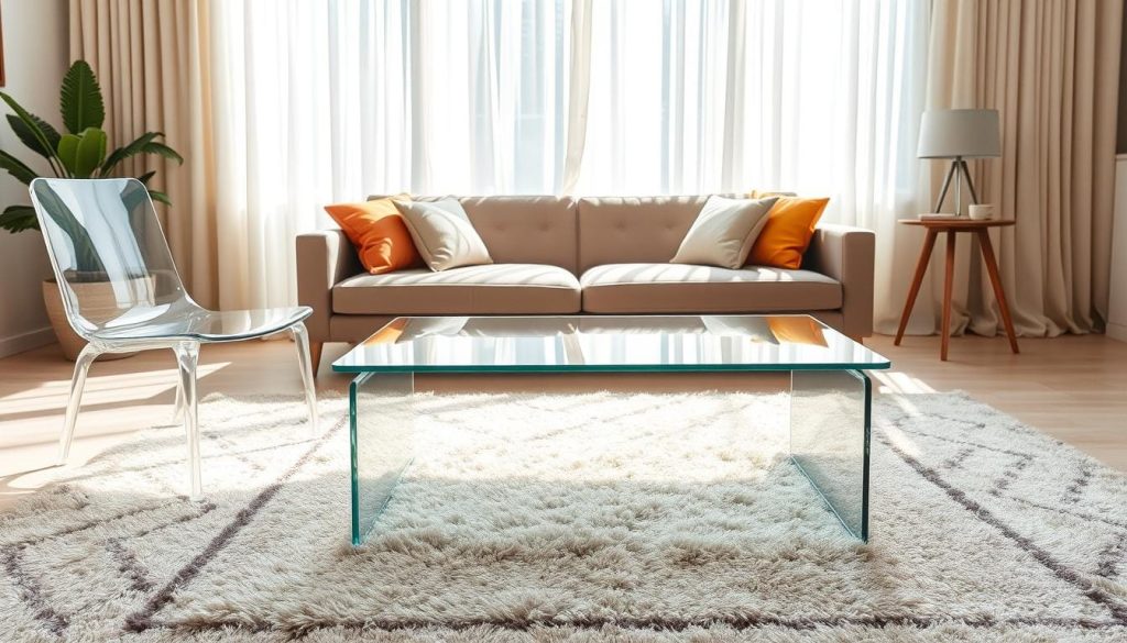 A sleek glass coffee table rests elegantly on a soft area rug, paired with a modern acrylic chair featuring clean lines and a minimalist design. The foreground showcases the transparent qualities of the furniture, creating a sense of spaciousness. In the middle, a stylish low-profile sofa in muted tones complements the table and chair, with vibrant throw pillows for a pop of color. The background features a light-filled window draped with airy curtains, allowing natural sunlight to filter in and enhance the room's brightness. Soft shadows enhance the contours of the furniture, creating a cozy, inviting atmosphere. The overall mood is chic and contemporary, embodying the invisible furniture trend in small living room decor.
