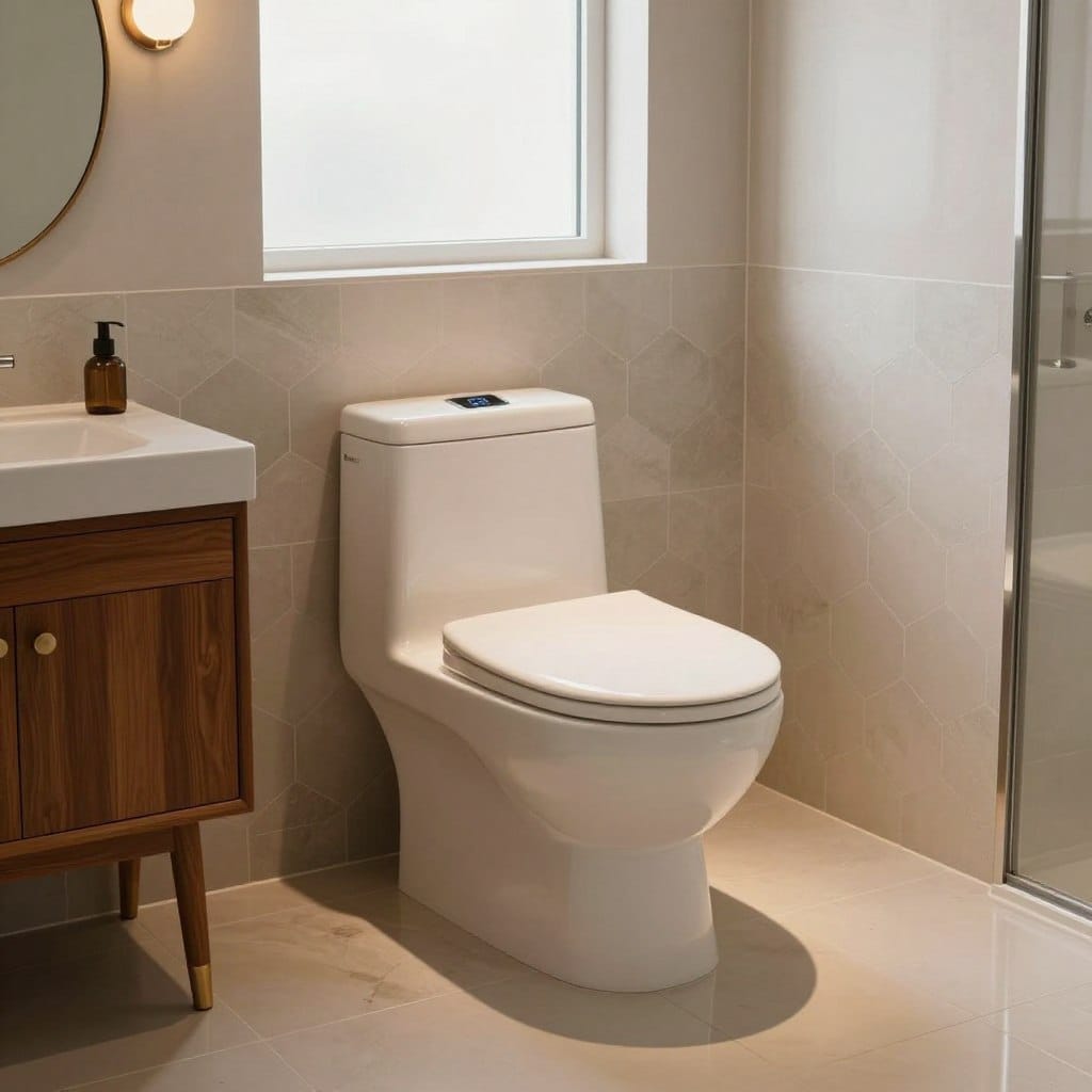 A sleek, high-tech toilet with a minimalist design sits prominently in a beautifully restored mid-century bathroom. The toilet features digital control panels and a warm ambient light that reflects off polished tile floors. In the foreground, elegant mid-century decor elements, such as a vintage wooden vanity and a rounded mirror, contrast with the modern features of the toilet. The middle ground showcases stylish hexagonal tiles and soft, neutral colors that emphasize the retro aesthetic while complementing the high-tech design. The background reveals a frosted window allowing soft natural light to illuminate the space, enhancing the atmosphere of sophistication and comfort. The scene is shot from a slightly elevated angle, capturing both the toilet and the surrounding decor, with a focus on creating a harmonious blend of retro and modern elements.
