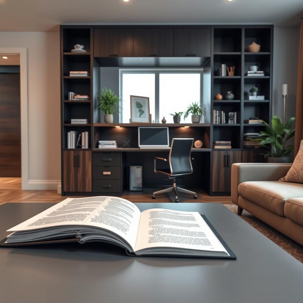 A sleek home office integrated seamlessly into a modern living space, featuring a hidden desk elegantly concealed within a stylish bookcase. The foreground shows an open book on the desk and a neatly organized workspace with a laptop, professional business attire subtly indicating recent use. In the middle ground, the bookcase is a mixture of dark wood and contemporary metal accents, blending functionality and aesthetics. The background includes soft lighting from a large window, illuminating potted plants and decorative items that enhance a cozy atmosphere. The overall mood is one of sophistication and practicality, showcasing a perfect blend of work and home life, captured at a slight angle to emphasize depth and harmony in the design.