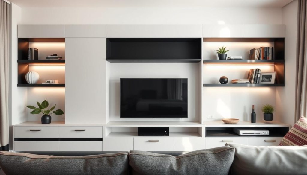 A sleek, minimal media wall in a small living room space, showcasing integrated shelves and concealed storage for electronic devices. In the foreground, a modern TV is seamlessly embedded in the wall with stylish, subtle lighting illuminating the area. The middle section features an elegant arrangement of decorative items, like plants and art, enhancing the minimal design. The background is a soft, neutral-toned wall that complements the cozy atmosphere, with a touch of natural light streaming in from a nearby window, casting gentle shadows. The overall mood is serene and sophisticated, ideal for maximizing space while maintaining style. The lens focuses on the media setup, capturing the seamless integration within the room’s decor.