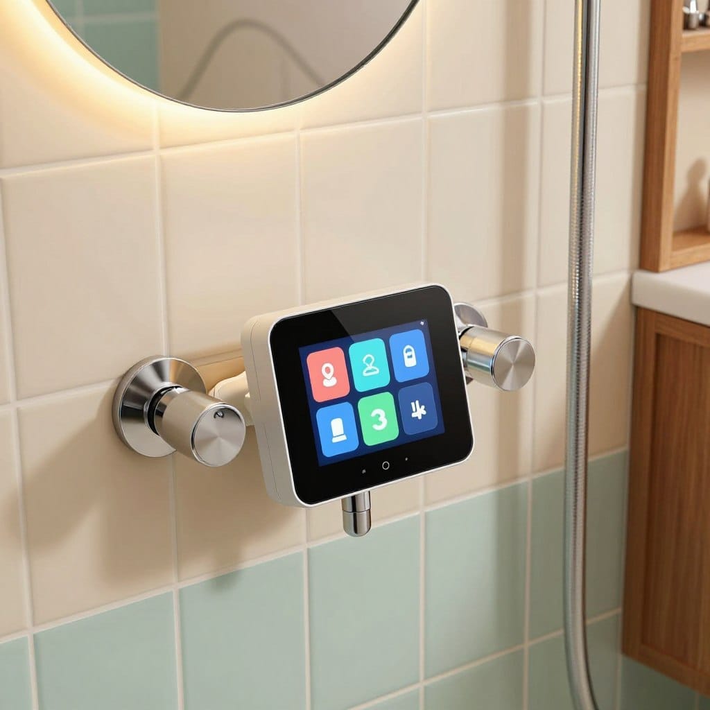 A sleek, modern digital shower control panel set against a backdrop of a mid-century bathroom. The foreground features elegant, minimalist controls with a glossy finish, incorporating a touch screen displaying vibrant, user-friendly icons. The middle ground showcases retro-inspired tiles in soft pastel colors, complemented by classic chrome fixtures. The overall atmosphere conveys a harmonious blend of retro design and cutting-edge technology. Soft, warm ambient lighting accentuates the sleek controls, creating a welcoming and innovative mood. In the background, subtle hints of vintage elements, like a circular mirror and wooden cabinetry, enhance the mid-century aesthetic. Capture this scene from a slightly elevated angle to highlight the interplay between modern technology and retro charm.