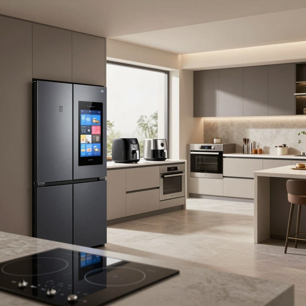 A sleek, modern kitchen setting showcasing a variety of innovative 2026 kitchen appliances. In the foreground, a state-of-the-art smart refrigerator with a touchscreen display and integrated IoT features, alongside a futuristic induction cooktop with responsive controls. The middle area features a multi-functional air fryer and a compact smart oven, both designed with stainless steel finishes and minimalist aesthetics. In the background, elegant cabinetry and a stylish kitchen island create a cohesive design. Soft, natural lighting streams through a large window, illuminating the space and enhancing the contemporary feel. The atmosphere is inviting and practical, with a hint of luxury, suitable for a lifestyle article. Shot from a slight angle to capture depth, using a wide-angle lens for a spacious perspective.