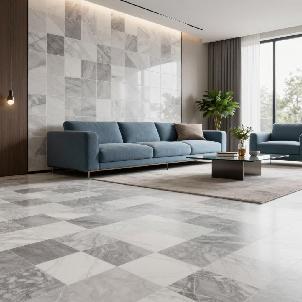 A sleek modern living room featuring a striking tile accent wall design. The foreground showcases an elegant gray and white geometric tile pattern, arranged in an intriguing layout. In the middle, a stylish contemporary sofa in soft blue rests against the wall, complemented by minimalist decor elements like a glass coffee table and potted greenery. The background presents a softly lit space with large windows allowing natural light to flow in, enhancing the overall ambiance. Use warm, inviting lighting to create a cozy atmosphere, and shoot from a slightly elevated angle to capture the depth and texture of the tiles. The scene should convey a sense of modern elegance and sophistication, perfect for contemporary home design enthusiasts.