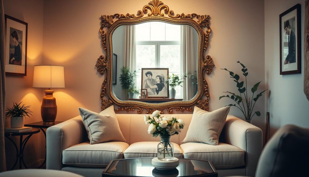 A small, cozy living room featuring a beautifully ornate, decorative mirror positioned on the wall to create an illusion of expanded space and enhanced light. In the foreground, there are elegant, understated furnishings—a plush, light-colored sofa adorned with chic throw pillows and a small coffee table with a stylish vase of fresh flowers. The middle section showcases the mirror reflecting natural light from a nearby window, amplifying the warmth of the room. In the background, subtle wall art and indoor plants add a touch of greenery. The atmosphere is inviting and serene, with warm, soft lighting that accentuates the room’s design elements. The composition is shot at eye level, providing intimacy and an inviting perspective.