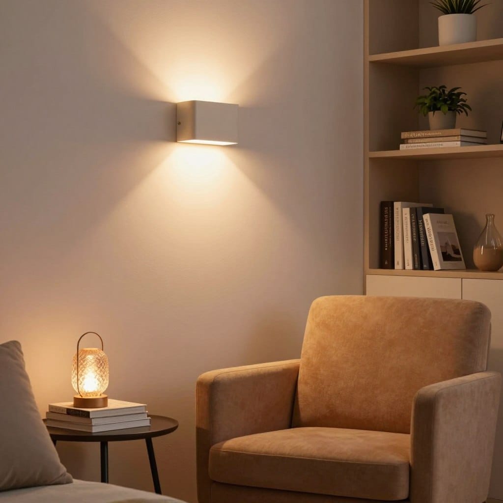 A small, modern living room featuring a cozy reading nook illuminated by a stylish wall sconce. In the foreground, a plush armchair in warm tones sits next to a small side table with a decorative lamp and a stack of books. The middle ground showcases a sleek wall sconce casting soft, warm light onto the reading nook, creating an inviting atmosphere. A contemporary bookshelf with neatly organized books and a minimalist decorative plant enhances the space. The background reveals a subtle texture of soft pastel walls, adding to the room's calm vibe. The lighting is warm and ambient, with the focus on the wall sconce, taken from a slightly elevated angle to capture the entirety of the reading nook in a cozy, intimate setting, evoking relaxation and comfort.