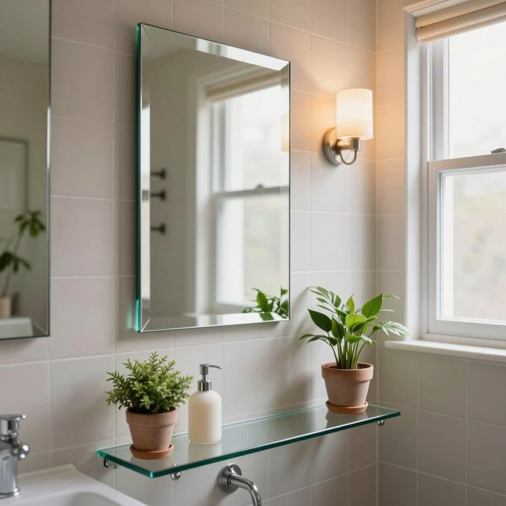 A small, stylish bathroom filled with decor ideas featuring glass elements and mirrors. In the foreground, a sleek glass shelf displays small potted plants and an elegant soap dispenser. The middle showcases a unique, frameless mirror reflecting interesting angles and light, enhancing the space's depth. The background features a light-toned tiled wall that complements the soft, ambient lighting from a chic wall sconce. A large window allows natural light to pour in, creating a warm and inviting atmosphere. The color palette is calm and cohesive, with hints of greenery adding life. The overall mood is fresh, modern, and sophisticated, embodying the concept of creating visual space in a compact area. The perspective is focused at eye level, capturing the elegance of the design without any clutter.