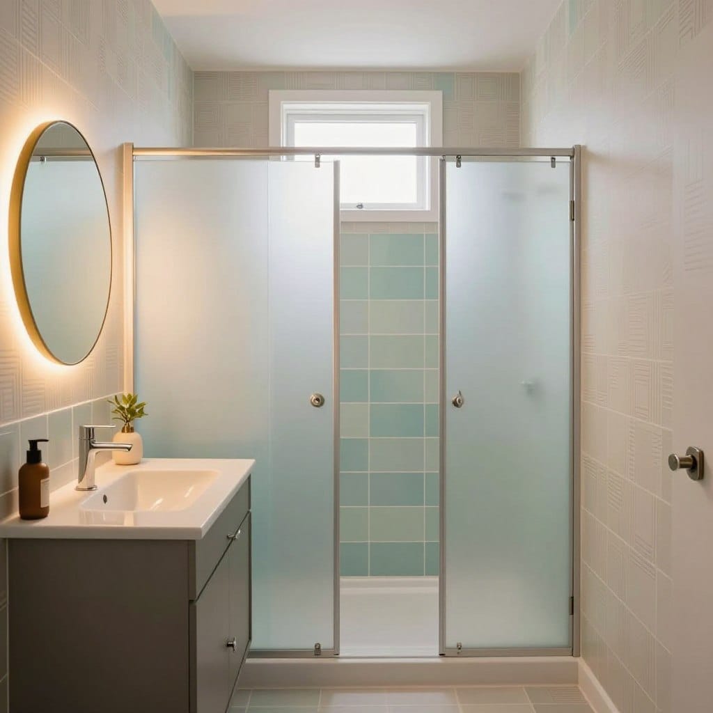 A small, stylish bathroom showcasing a modern color scheme that enhances the feeling of space. The foreground features a compact, sleek vanity with a round mirror, framed in gold, reflecting warm, ambient lighting that creates a cozy atmosphere. In the middle, a space-saving shower stall with frosted glass doors displays pastel tiles in soft blues and greens, harmonizing with the overall design. The background includes pale walls adorned with subtle, geometric wallpaper that adds depth without overwhelming the senses. Soft natural light streams in from a small frosted window, enhancing the lightness of the space. The mood is serene and inviting, making the small area feel expansive and chic. The image focuses on the elegant combination of color and pattern, illustrating effective strategies for visual expansion in bathroom designs.
