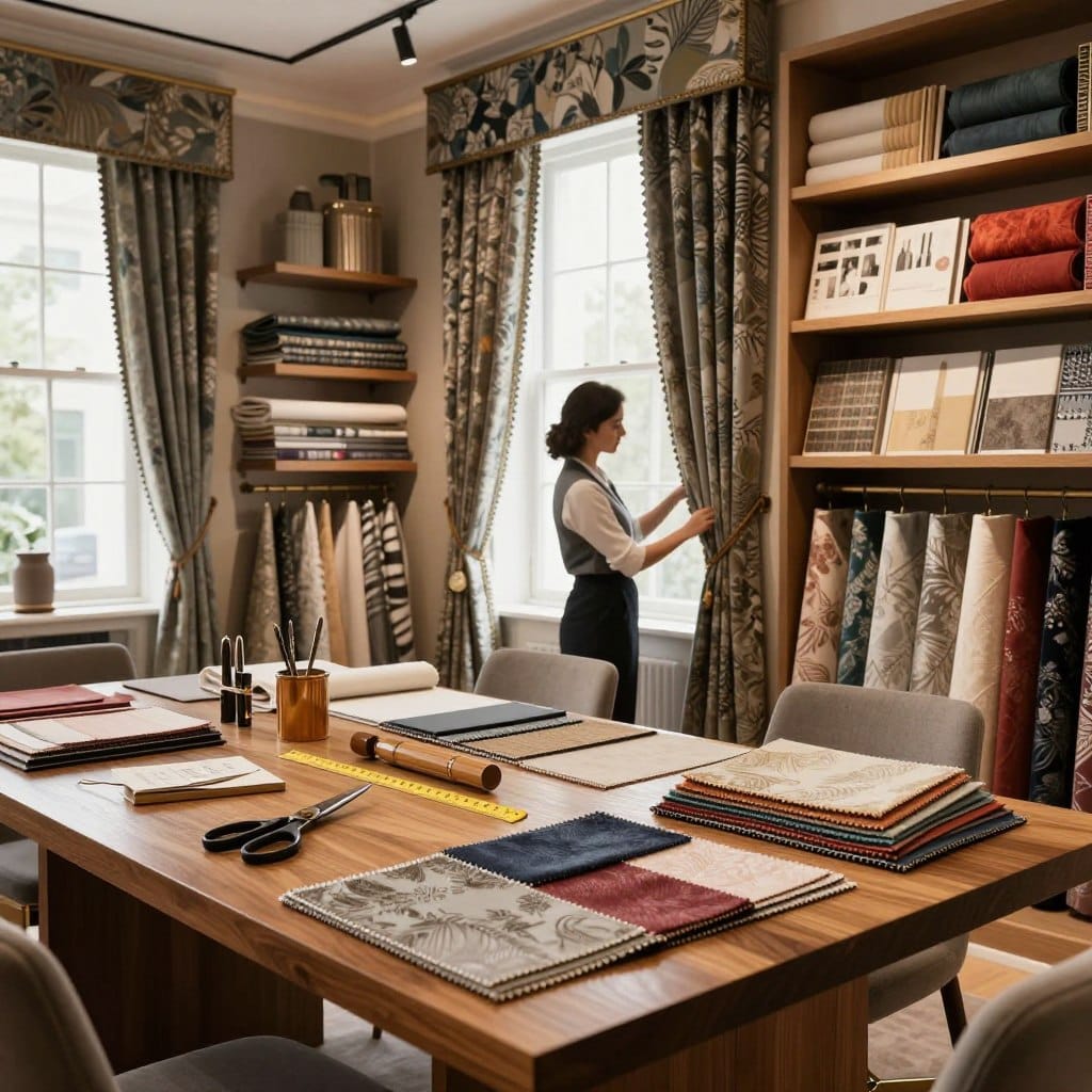 A sophisticated custom luxury window treatment workroom, showcasing an elegant array of fabric swatches and samples in rich textures and colors. In the foreground, a large wooden work table is cluttered with measuring tools, scissors, and elegant drapery samples, artfully arranged. In the middle, a seamstress in professional attire meticulously crafts intricate curtains, surrounded by tall shelves filled with various premium fabrics and design books. The background features large windows with natural light pouring in, illuminating the space and casting soft shadows. The overall atmosphere is one of creativity and elegance, reflecting a dedication to high-end interior design. Soft, ambient lighting enhances the luxurious feel, captured with a shallow depth of field to emphasize the craftsmanship in the foreground.