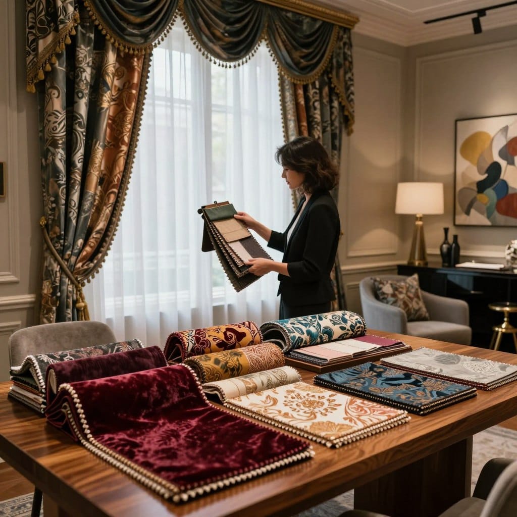 A sophisticated display of luxury window color and pattern selections, featuring an elegant interior design studio. In the foreground, a polished wooden table showcases a curated collection of luxurious fabric swatches and color samples, including rich velvet, silk, and intricate patterned designs. The middle ground features a stylish designer, clad in professional attire, thoughtfully examining the samples with a luxurious window behind them, adorned with opulent drapery and sheer curtains that softly filter ambient light. The background captures a tastefully decorated room with modern furniture and artistic decor. The lighting is warm and inviting, creating a mood of creativity and refinement, with a subtle focus that highlights the textures and colors of the materials.