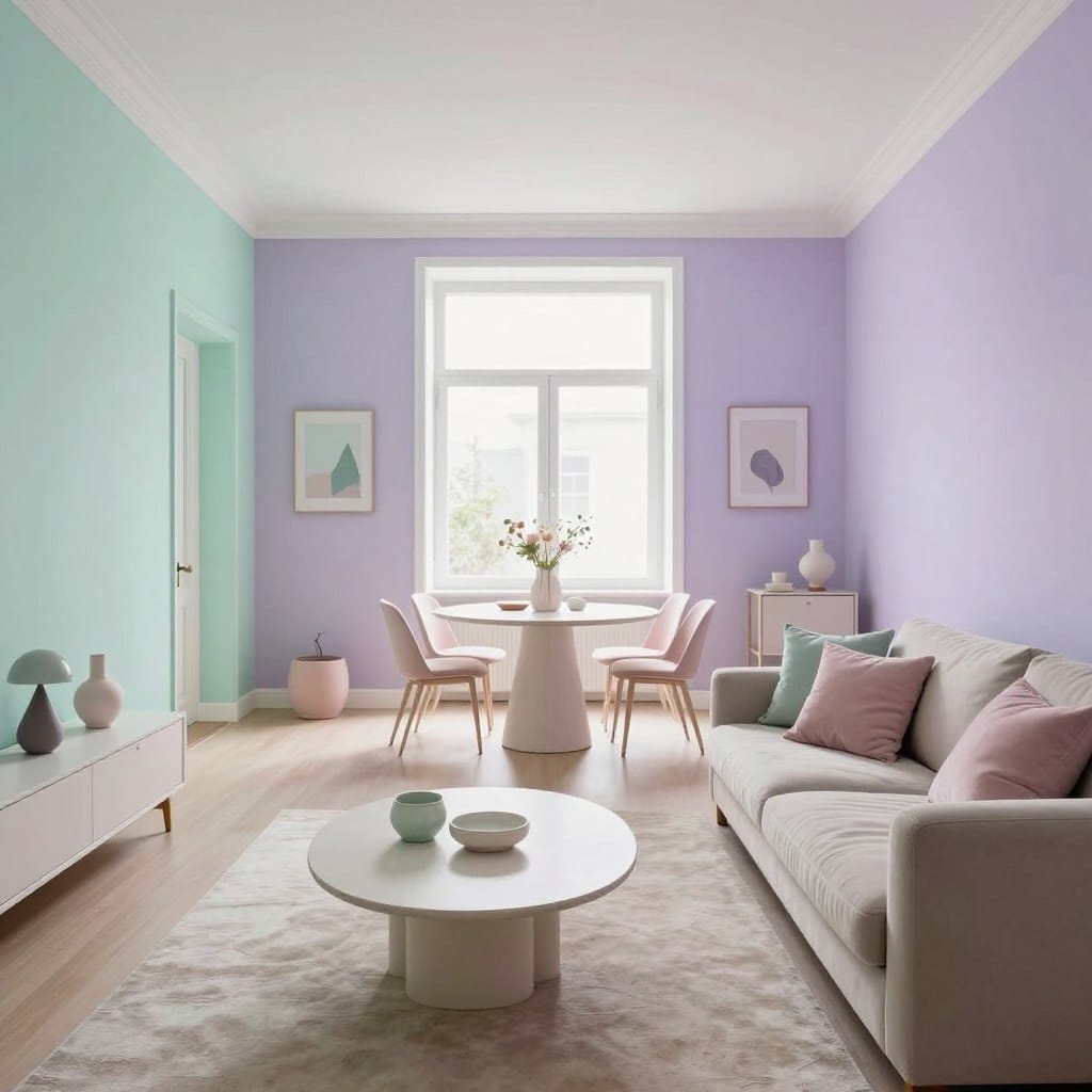 A spacious open-plan living area featuring soft, serene pastel paint colors in soothing shades of mint green, pale lavender, and dusty pink. In the foreground, a plush, neutral-colored sofa adorned with pastel throw pillows invites relaxation. A sleek coffee table with delicate ceramic accents contrasts beautifully with the gentle hues of the walls. In the middle ground, a stylish dining table complements the living space, surrounded by elegant chairs that reflect the pastel theme. Large windows in the background allow soft, natural light to flood the room, accentuating the tranquility of the setting. The atmosphere is calm and inviting, perfect for modern living. The scene is captured at eye level, emphasizing the harmonious blend of colors and design elements in a contemporary home.
