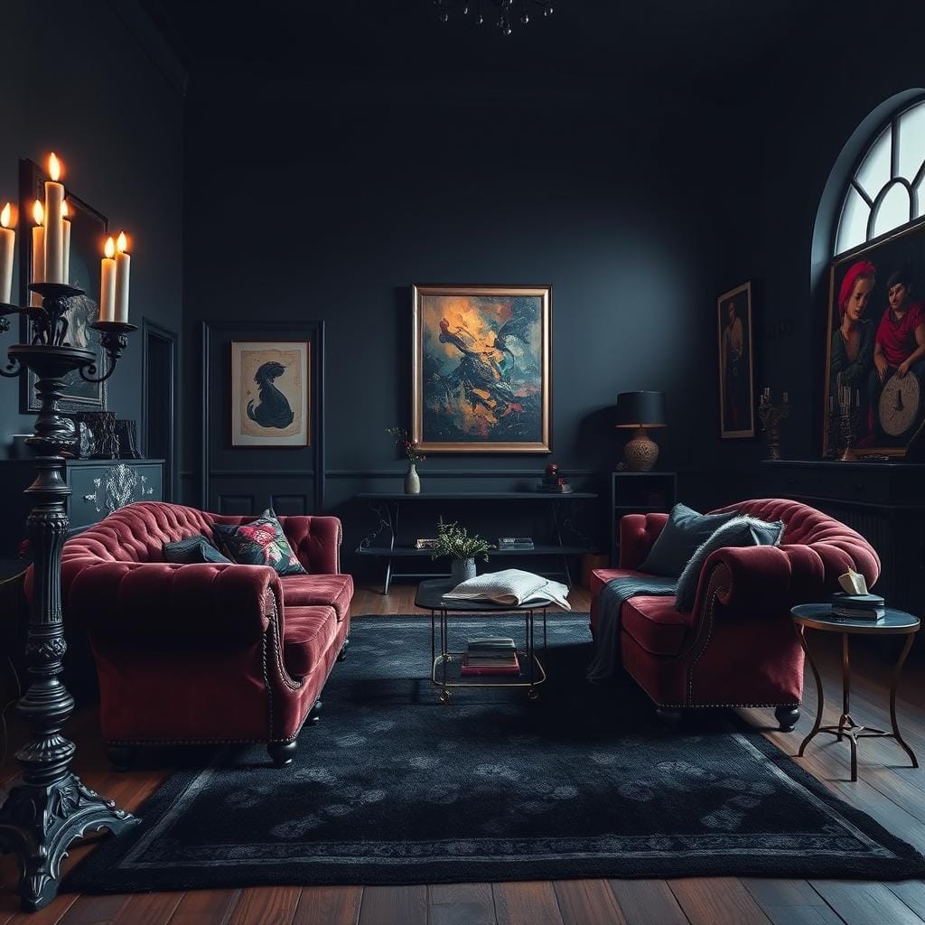 A striking gothic living room, showcasing a blend of dark tones and unexpected elements. In the foreground, an ornate, antique velvet sofa in deep burgundy contrasts with sleek metallic accents of a modern side table. To the left, a tall, gothic-style candle holder casts flickering light, creating a moody atmosphere. The middle ground features a plush, dark area rug with intricate patterns, complemented by a mix of vintage and contemporary art pieces on the walls, including a bold abstract painting with bright splashes of color. In the background, a large arched window allows moody twilight to filter in, illuminating the room with a warm glow. Capture this scene from a slightly elevated angle, emphasizing the textures and layering of styles while evoking a sense of drama and intrigue.