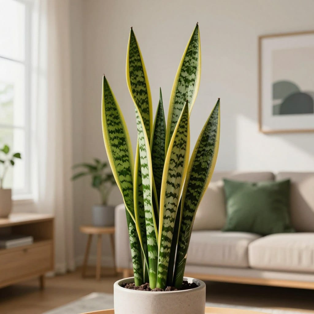 A striking snake plant, with its tall, upright leaves featuring vibrant green and yellow variegation, is showcased prominently in a modern living room setting. The leaves reach upward, creating an eye-catching silhouette against a soft, neutral-toned wall. In the foreground, a stylish ceramic planter adds a touch of elegance, complementing the plant's natural beauty. The middle space captures a cozy, well-decorated apartment ambiance with soft, warm natural light filtering through a nearby window, casting gentle shadows that enhance the plant's textures. In the background, hints of minimalist decor—like a framed piece of art and lush green cushions on a sofa—convey a chic and inviting atmosphere, perfect for an urban lifestyle. The image portrays a fresh and calming mood, inviting the viewer to appreciate the simplicity and elegance of the snake plant.