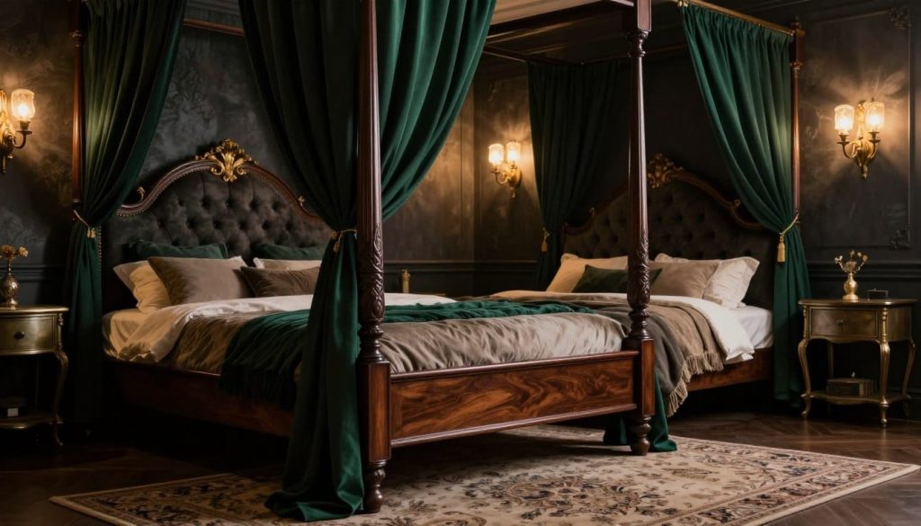A stunning bedroom scene featuring dramatic bed frames that embody a sophisticated moody aesthetic. Foreground: an intricately designed canopy bed with rich dark wood and flowing deep emerald drapes. Middle ground: a luxurious tufted headboard with elegant gold accents, positioned against a textured dark wall, complemented by plush bedding in muted tones. Background: soft ambient lighting from vintage-style wall sconces creates a warm glow, highlighting the intricate patterns on a plush area rug and a stylish nightstand. The atmosphere is inviting yet mysterious, evoking a sense of tranquility and elegance, captured from a low angle with a slight depth of field to emphasize the bed frame as the focal point.