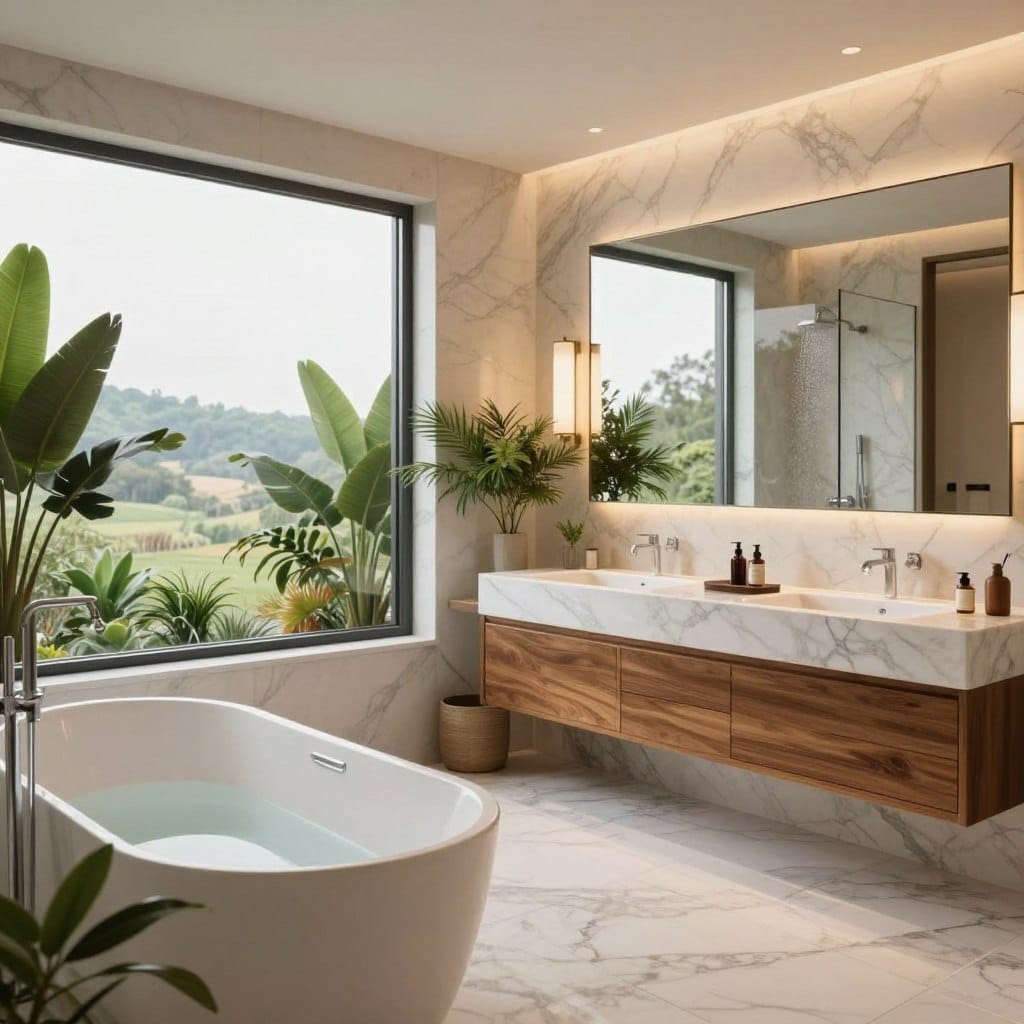 A stunning five-star hotel luxury master bathroom design featuring an elegantly spacious layout. In the foreground, a freestanding soaking tub sits adjacent to a large window offering a breathtaking view of a serene landscape. Soft, warm light floods the space, enhancing the high-end marble finishes and the polished wooden cabinetry. The middle ground showcases a double sink vanity with modern fixtures and stylish, neatly arranged toiletries. Lush green plants add a touch of nature, contributing to the tranquil atmosphere. In the background, a walk-in shower with a rainfall showerhead is framed by frosted glass, providing a hint of privacy. The overall mood conveys a serene, resort-style experience, inviting relaxation and indulgence, captured from a slightly elevated angle with soft-focus on peripheral elements to emphasize the bathroom's luxury.