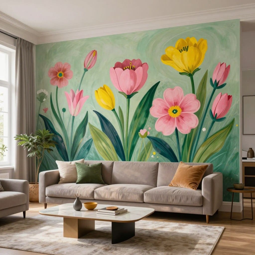 A stunning hand-painted floral mural adorns an accent wall in a modern living room, featuring vibrant blooms in shades of pink, yellow, and green, creating a sense of depth and movement. In the foreground, a stylish coffee table with a geometric design complements the mural, scattered with artful decor items. The middle-ground showcases a plush, contemporary sofa in muted tones, positioned comfortably against the mural to create a harmonious visual balance. Soft natural light filters through large windows in the background, casting gentle shadows and enhancing the mural's colors, while plush rugs and minimalist decor items enhance a cozy atmosphere. The overall mood is inviting and artistic, perfect for showcasing the beauty of painted murals as a living room accent.