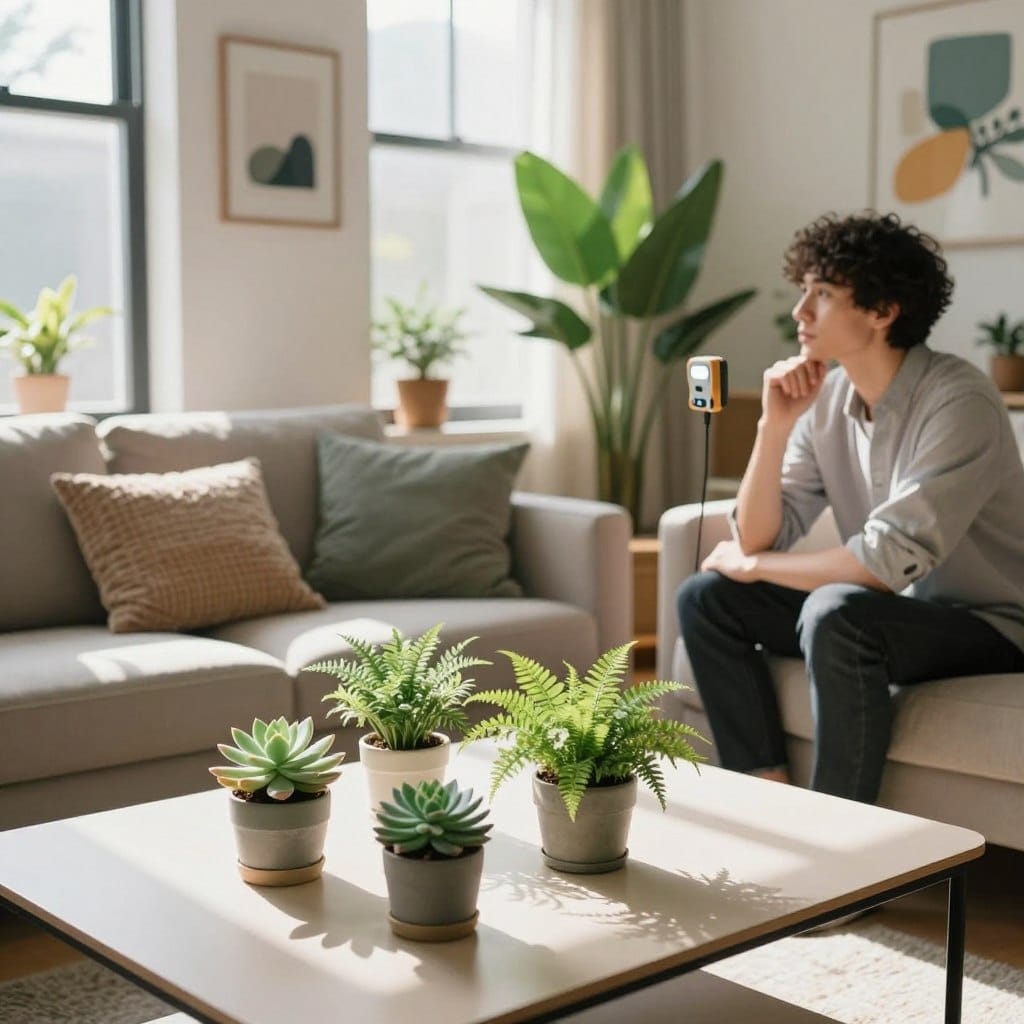 A stylish apartment living room bathed in soft, natural light filtering through large windows, casting gentle shadows across the space. In the foreground, a sleek, minimalistic coffee table is adorned with small potted indoor plants, such as succulents and ferns, showcasing the vibrant hues of greenery. The middle ground features a cozy seating area with modern furniture in neutral tones, complemented by textured cushions. On one side, a person in casual, professional attire is observing the light conditions, holding a light meter with an expression of contemplation. The background reveals a warm, inviting atmosphere with decorative wall art and a pop of color from a larger leafy plant near the window. The overall mood is fresh and serene, perfect for assessing space for indoor plants.