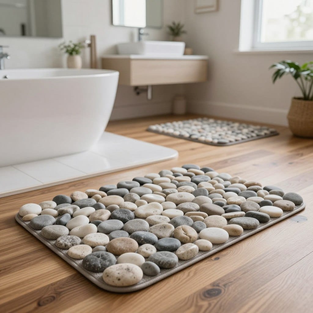 A stylish bathroom scene featuring pebble and stone-look bath mats. In the foreground, showcase textured, realistic bath mats resembling smooth pebbles and polished stones in shades of gray, beige, and white. These mats should be placed on a warm, wooden floor, adding a touch of coziness. In the middle ground, depict a small and elegant bathroom with a minimalist design, featuring a modern sink and a sleek mirror reflecting soft, natural light. The background should include subtle hints of potted greenery and decorative elements, enhancing the serene atmosphere. Use soft, diffused lighting to create a calm and inviting mood, captured from a slightly elevated angle to emphasize the mats and the overall aesthetic of the space, ensuring a harmonious and contemporary feel.