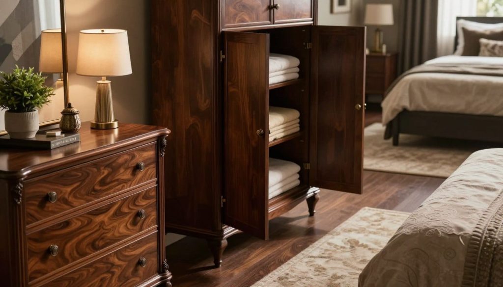 A stylish bedroom featuring elegant dressers and armoires that enhance a sophisticated moody aesthetic. The foreground should showcase a beautifully designed wooden dresser with sleek lines and ornate hardware, adorned with decorative accessories like a stylish lamp and a small potted plant. In the middle, an imposing armoire with a rich, dark finish stands prominently, its doors slightly ajar to reveal neatly folded linens. The background contains soft-focus elements like a plush area rug and a tastefully arranged bed with luxurious bedding. The lighting is warm and ambient, casting gentle shadows to create depth and a cozy atmosphere. Use a slightly elevated angle to capture the entire scene in rich detail, evoking a sense of refined elegance and comfort, ideal for a sophisticated bedroom.