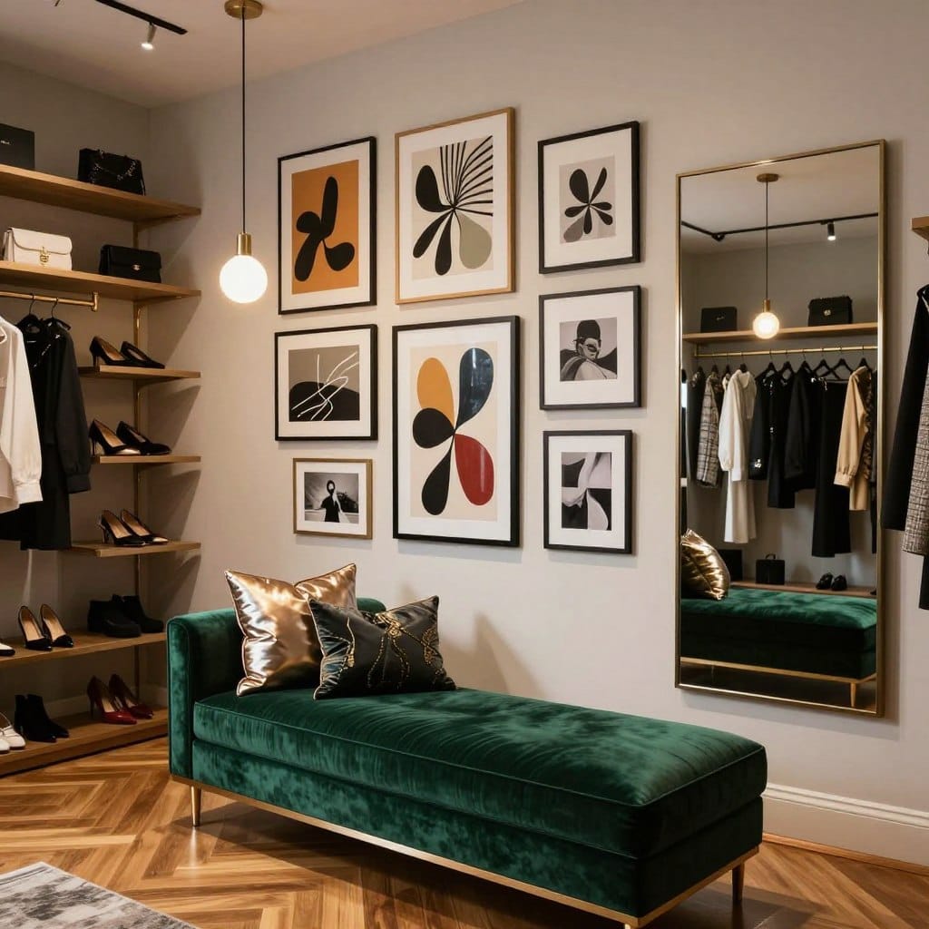 A stylish dressing room featuring a statement gallery wall, adorned with an eclectic mix of framed artwork, abstract pieces, and photographs in various sizes. The foreground shows a plush velvet bench in deep emerald green, accentuated with metallic decorative pillows. In the middle, the curated gallery wall is illuminated by soft, warm pendant lighting, creating an inviting atmosphere. The background features elegant shoeracks and a minimalist full-length mirror, reflecting the artistic decor. The floor is sleek and polished wood, enhancing the luxury feel. The setting exudes creativity and sophistication, capturing the essence of a personal gallery space within a modern dressing room. The mood is elegant and inspiring, perfect for showcasing fashion and art. A stylish dressing room featuring a statement gallery wall, adorned with an eclectic mix of framed artwork, abstract pieces, and photographs in various sizes. The foreground shows a plush velvet bench in deep emerald green, accentuated with metallic decorative pillows. In the middle, the curated gallery wall is illuminated by soft, warm pendant lighting, creating an inviting atmosphere. The background features elegant shoeracks and a minimalist full-length mirror, reflecting the artistic decor. The floor is sleek and polished wood, enhancing the luxury feel. The setting exudes creativity and sophistication, capturing the essence of a personal gallery space within a modern dressing room. The mood is elegant and inspiring, perfect for showcasing fashion and art.