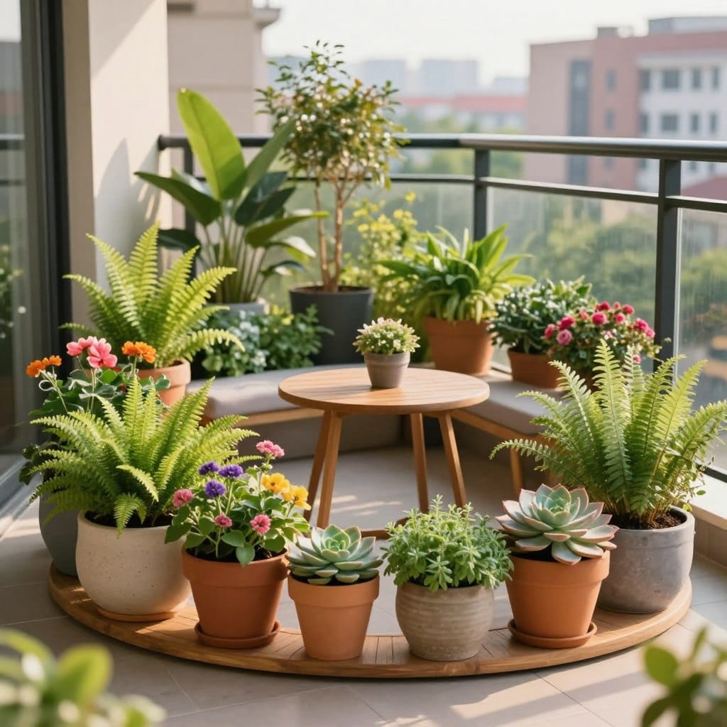 A stylish floor-based container garden design set on a modern townhouse balcony, showcasing an array of vibrant, lush plants in various decorative pots. The foreground features meticulously arranged pots of colorful flowers and greenery, including ferns, succulents, and herbs, expertly aligned for visual appeal. In the middle ground, integrate a cozy seating area with a small wooden table, surrounded by potted plants, enhancing the inviting atmosphere. The background is adorned with a stylish railing and cityscape, softly blurred to create depth. Warm, natural lighting filters in during golden hour, casting gentle shadows, while a shallow depth of field highlights the intricate details of the plants. The mood is tranquil and rejuvenating, perfect for urban relaxation.