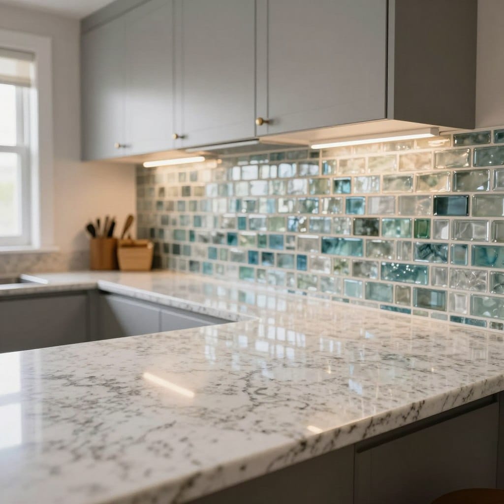 A stylish kitchen featuring a classic white granite countertop, showcasing subtle veining and a polished finish. The foreground includes a seamless continuation of the white granite, glistening under warm, ambient lighting. In the middle ground, intricately arranged mosaic glass tiles serve as a backsplash, reflecting light in various soft hues of blue, green, and clear glass. The backsplash contrasts beautifully with the countertop, creating a modern yet timeless aesthetic. In the background, minimalistic cabinetry in a soft gray tone complements the overall design. A cozy homey atmosphere is infused with natural light streaming in from a nearby window, highlighting the luxurious elements. The scene is captured from an angle that emphasizes both the countertop and backsplash, creating an inviting and elegant kitchen space.