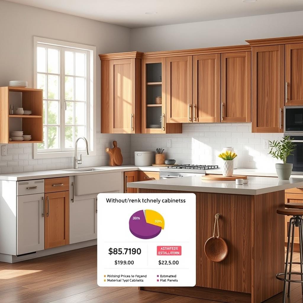 A stylish kitchen scene showcasing budget-friendly cabinet ideas. In the foreground, a variety of attractive kitchen cabinets made of cost-effective materials, like plywood and laminate, featuring different styles—minimalist open shelving, shaker-style cabinets, and modern flat-panel designs. The middle ground highlights a detailed cost breakdown chart, displaying estimated prices for materials and installation without text, illustrated as a pie chart with vibrant colors. In the background, a well-lit kitchen setting with natural light streaming through a window, enhancing the warm wood tones of the cabinets. The atmosphere is inviting and inspiring, encouraging creativity in redesigning kitchen spaces. The viewer feels a sense of optimism and practicality while considering their kitchen renovation options.