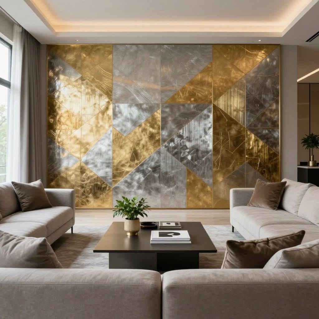 A stylish living room featuring a modern metallic accent wall, elegantly adorned with geometric patterns in shades of gold and silver. The foreground showcases a sleek, contemporary sofa in neutral tones, accented with plush cushions. In the middle ground, a minimalist coffee table is set with decorative items like a small plant and modern art books. Large windows in the background filter soft natural light, creating a warm and inviting atmosphere. The room is decorated with subtle textures and finishes, emphasizing a sophisticated, yet cozy design. The scene conveys a sense of luxury and modernity, ideal for a contemporary living space.