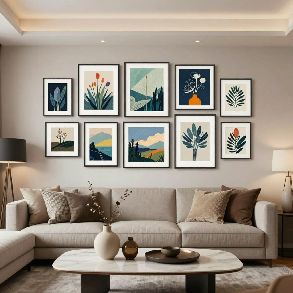 A stylish living room featuring an array of digital art frames elegantly arranged on a light-colored wall, showcasing contemporary designs in various sizes and shapes. The foreground highlights a sleek coffee table with a minimalistic vase and decorative objects. The middle ground captures a cozy sofa adorned with textured cushions, inviting viewers to relax. The background reveals the art frames, illuminated by soft, ambient lighting that creates a warm and inviting atmosphere. Use a wide-angle lens to encompass the room's modern decor elements. The overall mood should be sophisticated yet welcoming, with a focus on the harmonious blend of digital art within the living space, embodying a trendy and contemporary aesthetic for 2026.