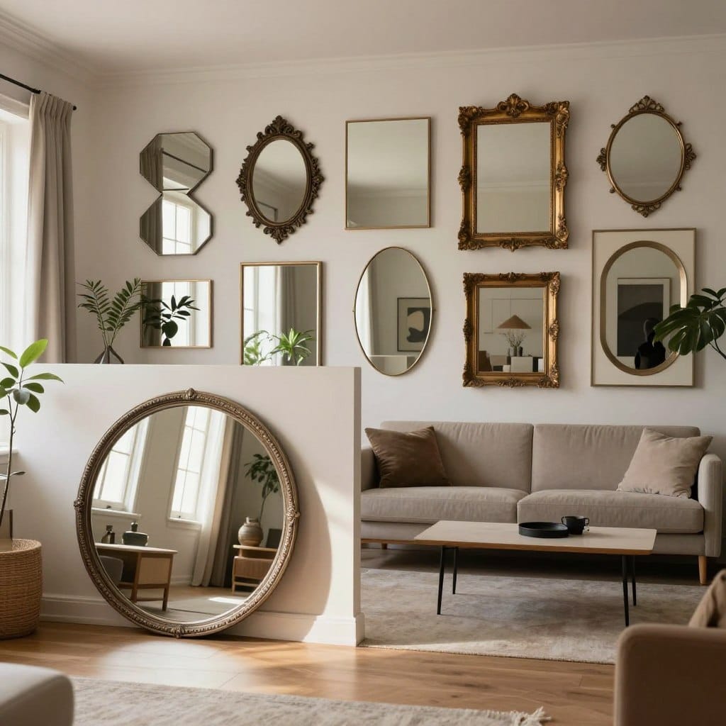 A stylish living room featuring an array of statement mirrors as wall hangings, each with unique shapes and finishes, ranging from modern geometric designs to elegant vintage styles. In the foreground, a large round mirror with an intricate metallic frame reflects the light from a nearby window, casting a warm glow across the room. The middle layer includes a gallery wall with a mix of rectangular and oval mirrors in varying sizes, complemented by decor elements like indoor plants and contemporary artwork. The background showcases a cozy sitting area with a neutral-toned sofa and a minimalist coffee table. Soft, natural lighting enhances the inviting atmosphere, while a wide-angle view captures the spaciousness and reflective qualities of the space, evoking a sense of tranquility and sophistication.