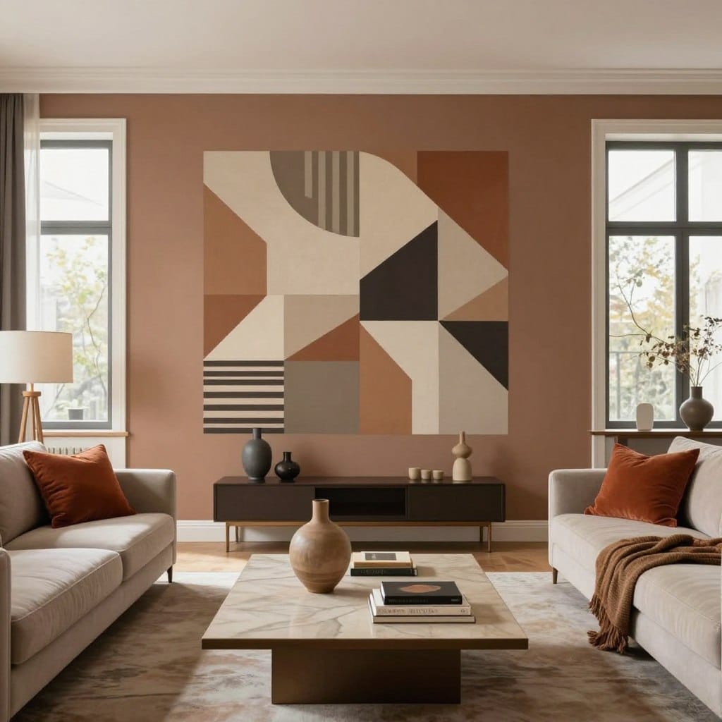 A stylish living room interior featuring a well-defined accent wall that serves as a focal point. In the foreground, a tastefully arranged coffee table with decorative elements such as a vase and books. In the middle, the accent wall is adorned with a bold geometric pattern in earthy tones, drawing attention while harmonizing with the overall decor. Flanking the wall, elegant furniture in soft neutral colors, complemented by vibrant throw pillows. In the background, large windows allow warm, natural light to fill the space, enhancing the cozy atmosphere. The image captures a serene yet modern vibe, showcasing a perfect blend of aesthetics and functionality in home design, shot from a slightly elevated angle to provide depth and perspective.