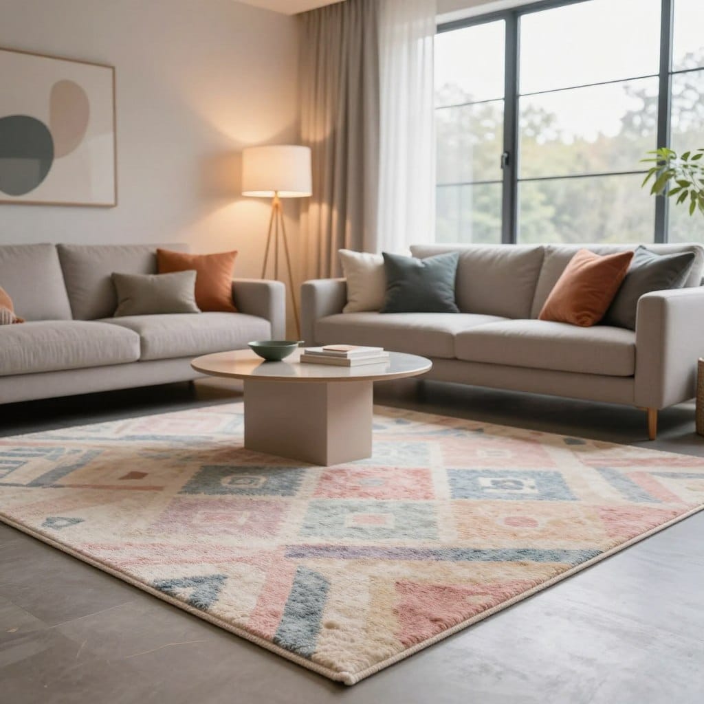 A stylish living room interior showcasing the latest American rug trends for 2022. In the foreground, a plush, geometrically patterned area rug in soft pastel hues enhances the elegance of the space. The middle ground features a modern sofa adorned with colorful throw pillows, complemented by a minimalistic coffee table and a stylish floor lamp casting warm, inviting light. In the background, large windows draped with sheer curtains allow natural sunlight to flood the room, highlighting the textures of the furniture and floors. The scene conveys a cozy and sophisticated atmosphere, perfect for showcasing contemporary design elements. Use a soft focus lens effect to create a dreamy ambiance while keeping the main elements sharp.