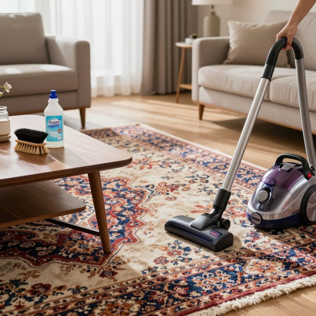 A stylish living room scene featuring essential rug care and maintenance accessories. In the foreground, a wooden coffee table with rug cleaning brushes, a bottle of rug cleaner, and a vacuum cleaner poised for use. The middle ground showcases a plush area rug with intricate patterns, slightly worn but vibrant in color, indicating regular maintenance. In the background, a well-decorated living room with soft natural lighting filtering through sheer curtains, creating a warm, inviting atmosphere. A neutral color palette with elegant furniture accentuates the rug’s beauty. The image should evoke a sense of harmony and organization, highlighting the importance of proper rug care for optimal performance. No text or additional distractions are included.