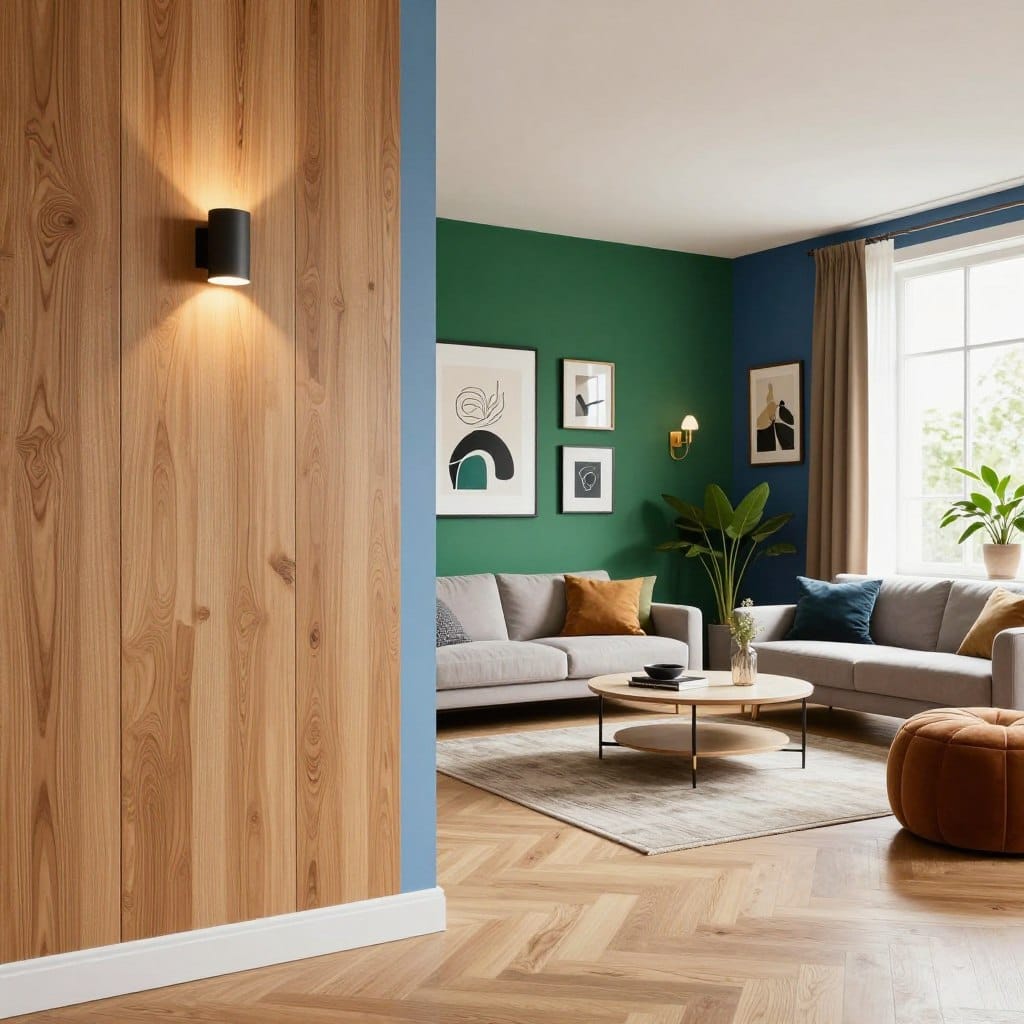 A stylish living room showcasing a variety of modern accent wall ideas for transformation. In the foreground, a bright, inviting space features one prominent accent wall with textured wood paneling, a soft blue hue contrasting the warm tones. The middle area reveals additional walls painted in bold colors, such as deep green and rich navy, accented with decorative artwork and placed sconces creating cozy lighting. The background captures a well-coordinated furniture arrangement, including a sleek sofa and a contemporary coffee table, with indoor plants adding vibrancy. The scene is illuminated by soft, natural light streaming through a large window, enhancing the inviting atmosphere. The overall mood is modern, warm, and inspiring for anyone seeking to enhance their living room's aesthetic.