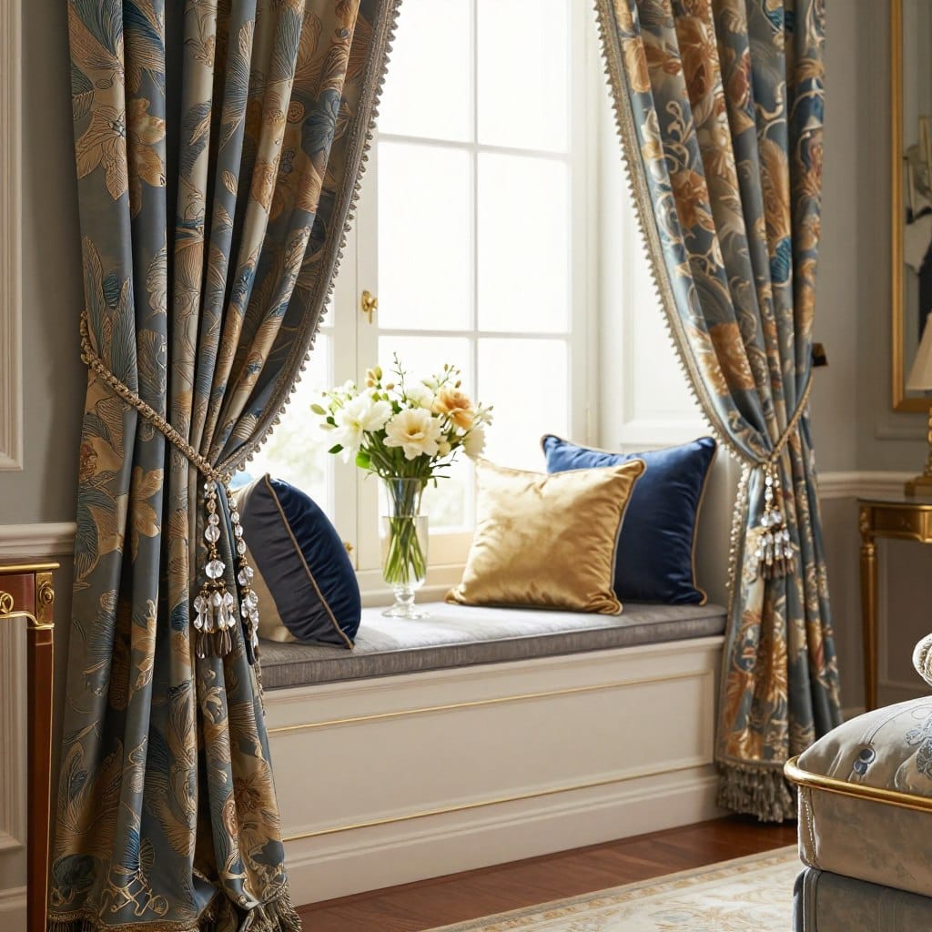 A stylish living room showcasing luxury window decor accessories that transform the space into an elegant retreat. In the foreground, a set of opulent drapes with intricate patterns and rich fabrics cascade gracefully alongside sparkling crystal curtain tiebacks. The middle ground features a chic window seat adorned with plush cushions, reflecting a palette of deep blues and golds, accentuated by a decorative vase filled with fresh flowers. In the background, soft, natural light floods the room through the window, highlighting the elegant furnishings and warm wood accents. The atmosphere is sophisticated yet inviting, evoking a sense of calm and refinement. The composition should be shot from a slightly elevated angle using soft focus to enhance the luxurious feel.