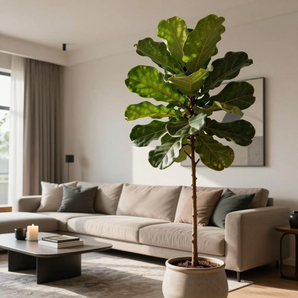 A stylish living room that showcases a Fiddle Leaf Fig plant as the focal point, set against a chic and modern backdrop. The foreground features the tall, leafy Fiddle Leaf Fig in a tasteful ceramic pot, its large, vibrant green leaves reaching towards the ceiling. In the middle ground, a plush, neutral-colored sofa adorned with decorative cushions complements the plant. A sleek coffee table rests in front, accented by minimalistic décor items like candles and a small stack of coffee table books. The background reveals a large window allowing soft, natural light to fill the room, casting gentle shadows. The atmosphere is fresh and inviting, embodying contemporary elegance, with a warm, earthy palette to enhance the plant's vibrant foliage. The angle is slightly elevated, capturing both the Fiddle Leaf Fig and the stylish decor elements harmoniously.