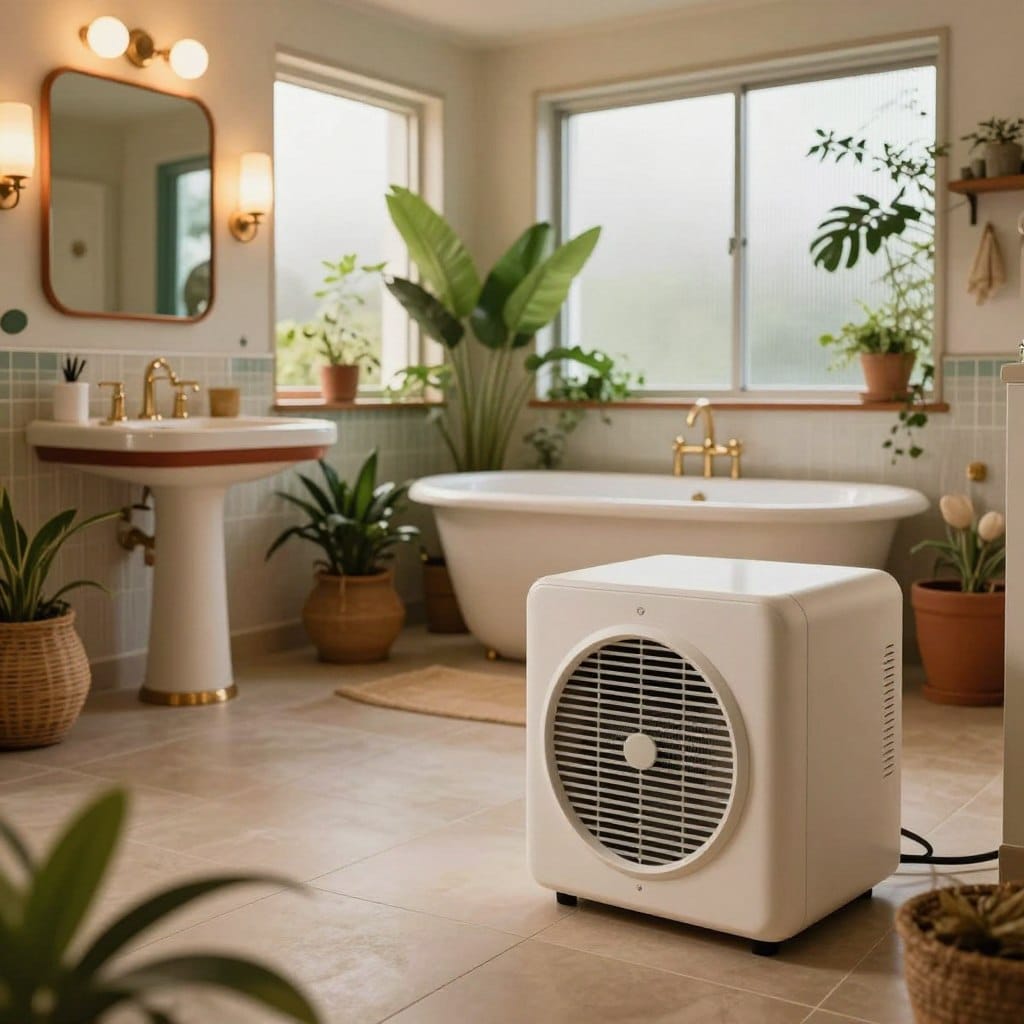 A stylish mid-century bathroom featuring smart ventilation technology seamlessly integrated into the design. In the foreground, showcase a sleek, modern ventilation unit with minimalist aesthetics, textured materials, and a touch of retro flair, like soft curves or warm colors. The middle ground includes elegant fixtures such as a vintage-inspired sink and a freestanding bathtub, surrounded by lush greenery to promote fresh air. In the background, large frosted windows allow soft, natural light to filter in, enhancing the calming atmosphere. Use a wide-angle perspective to capture the entire scene, emphasizing the harmony between vintage decor and high-tech appliances. Illuminate the space with warm lighting to create a welcoming, sophisticated ambiance. The overall mood should evoke a sense of modern tranquility fused with mid-century charm.