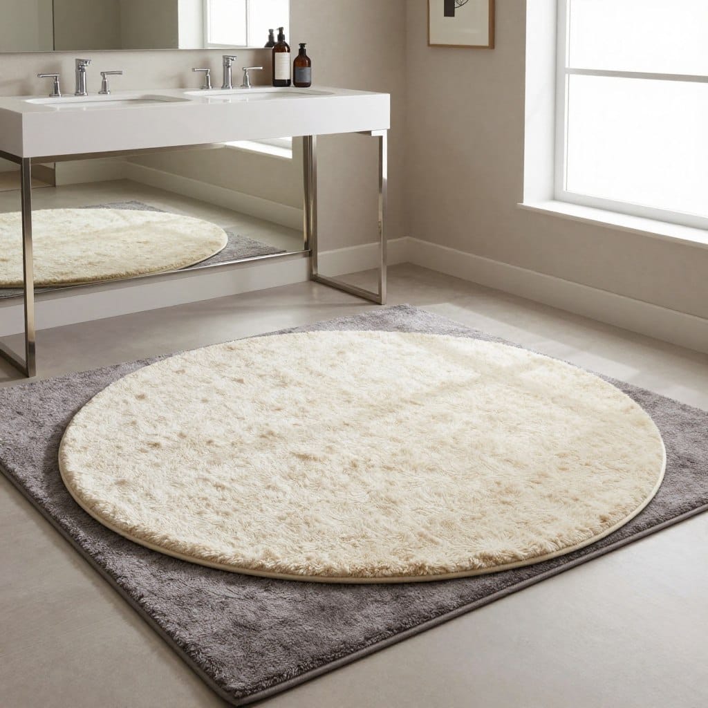 A stylish, modern bathroom featuring a monochromatic layered rug approach. In the foreground, a plush, cream-colored circular rug layered atop a slightly larger, darker grey rectangular rug, creating visual interest and depth. The middle space showcases a sleek vanity with polished metal fixtures and a large mirror reflecting the rugs. The background has soft, neutral-colored walls with subtle textures, tastefully adorned with minimalistic art. The lighting is bright and airy, coming from a large window, casting gentle shadows that highlight the rug's texture. The overall atmosphere conveys warmth and sophistication, perfect for a small but elegantly designed bathroom setting.