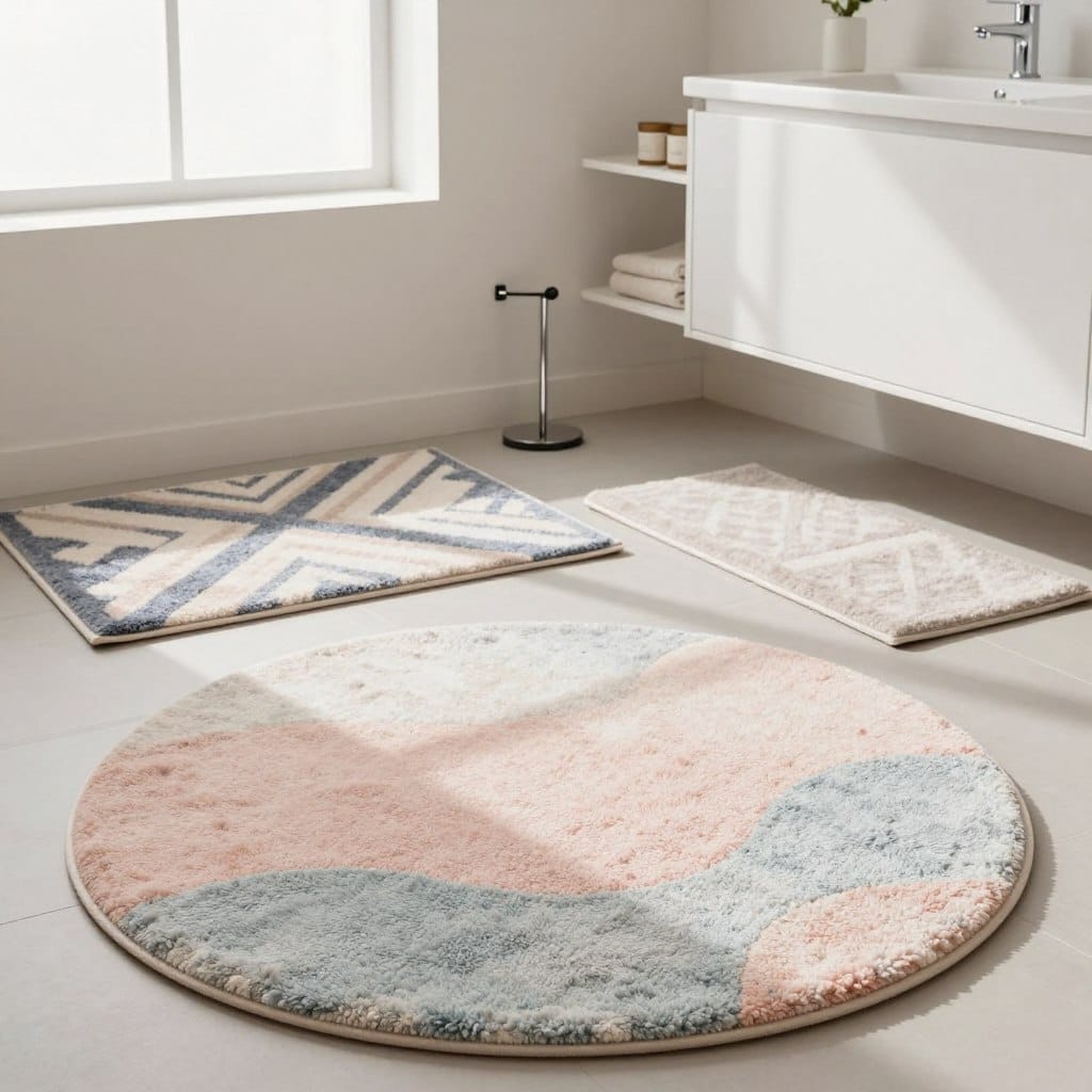 A stylish modern bathroom featuring an array of trendy bathroom rugs that enhance the space. In the foreground, showcase a round, plush rug in soft pastel colors, ideal for small bathrooms. The middle ground includes a stylish runner rug with a geometric pattern, perfectly complementing elegant accessories like a sleek towel holder and minimalistic shelving. The background displays light-colored walls and a white vanity, illuminated by natural soft light streaming through a frosted window, casting gentle shadows. The atmosphere is calming and inviting, emphasizing a clean and contemporary aesthetic. Capture the scene from a slightly elevated angle to highlight the rugs' textures and patterns without any text or distractions.