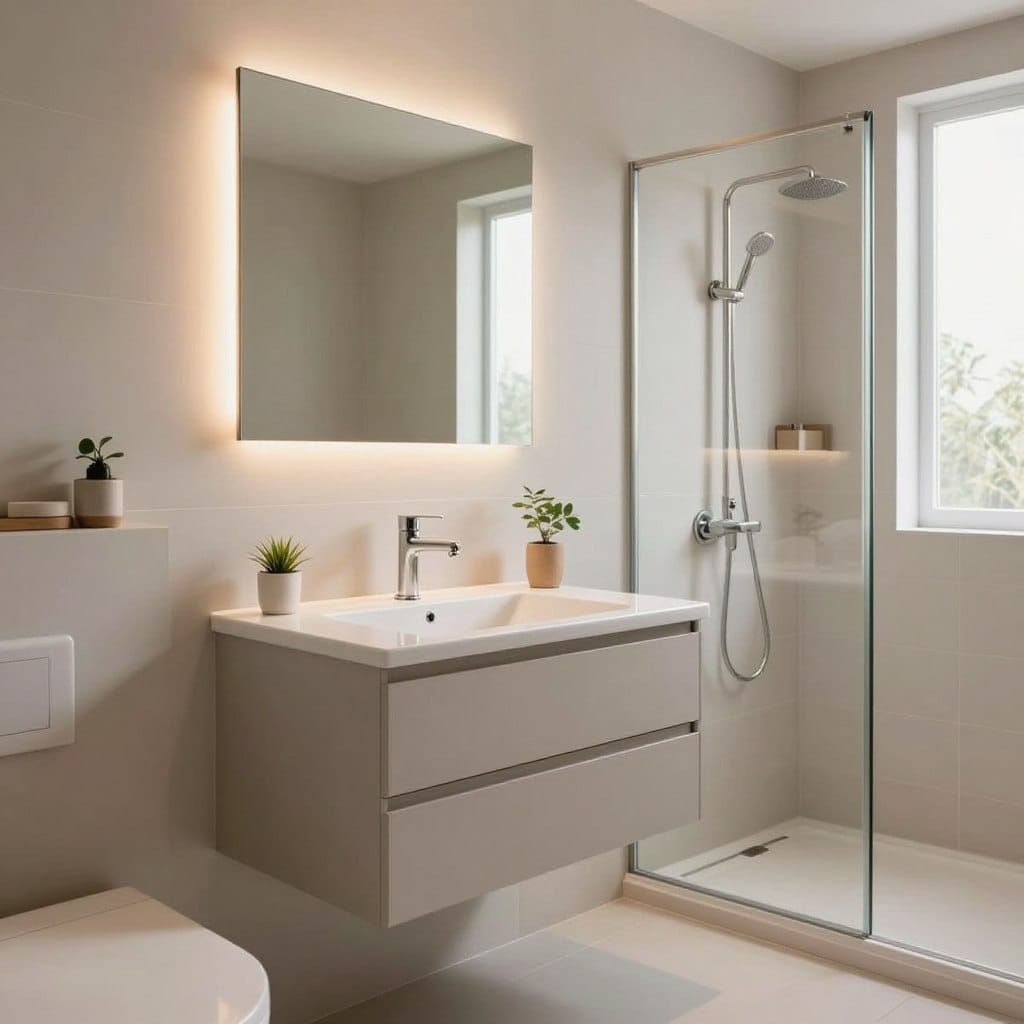 A stylish, modern bathroom featuring elegant wall-mounted fixtures such as a sleek vanity and minimalist faucet, designed to save floor space. In the foreground, showcase a close-up of the vanity with a pristine white countertop and a small decorative plant. The middle ground reveals a chic mirror above the vanity, reflecting soft, warm lighting that creates an inviting atmosphere. The background reveals a compact yet stylish shower with glass walls and contemporary tiles, completing the look of the ergonomic space. Use natural lighting from a nearby window to enhance the bright, airy feel of the room. The overall mood is one of tranquility and modern sophistication, perfect for maximizing style in small areas.