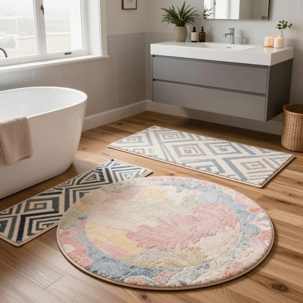 A stylish modern bathroom showcasing reversible cotton rugs in various patterns and colors laid on a sleek wooden floor. In the foreground, a round rug in soft pastels contrasts with a geometric-patterned runner beside a bathtub. The middle ground highlights a contemporary vanity with a stylish mirror above, featuring elegant decor items like plants and candles. Soft natural light filters through a frosted window, creating a warm and inviting ambiance. The background shows tasteful bathroom tiles, complementing the overall color scheme, enhancing the versatility of the rugs. The scene conveys a tranquil, cozy atmosphere, perfect for small spaces. Capture the composition from a slightly elevated angle to emphasize the rugs' textures and patterns clearly.