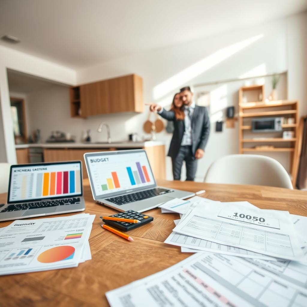 A stylish modern kitchen scene focused on budget planning for a renovation. In the foreground, a wooden dining table cluttered with detailed financial paperwork, a calculator, and a pencil. A laptop displays a color palette for kitchen designs, visibly open to a budgeting spreadsheet. In the middle ground, a couple, dressed in smart casual attire, discusses plans while pointing at a wall with a mood board showcasing materials and layout ideas. The background features an inviting kitchen space with unfinished cabinetry and bare walls, emphasizing the renovation process. Soft, natural lighting streams in through a window, creating a warm, collaborative atmosphere that promotes thoughtful planning. The camera angle is slightly elevated, giving a clear view of the planning details and the couple engaged in discussion.