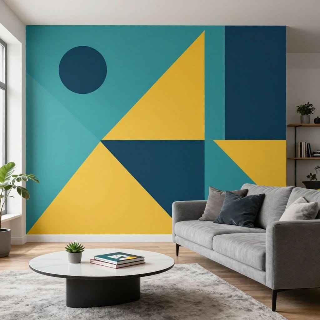 A stylish modern living room featuring a bold geometric accent wall. The foreground showcases a vibrant geometric mural with overlapping triangles and squares painted in shades of teal, mustard yellow, and deep navy. A sleek, minimalistic coffee table with a small succulent and a couple of contemporary art books complements the space. In the middle ground, a plush gray sofa with accent pillows sits invitingly on a soft area rug, emphasizing the room's coziness. Natural light pours in through a large window, creating a warm, inviting atmosphere. The background displays subtle indoor plants and a minimalistic bookshelf, enhancing the modern aesthetic. The image captures a harmonious blend of artistry and comfort, designed to inspire creativity and modern living.