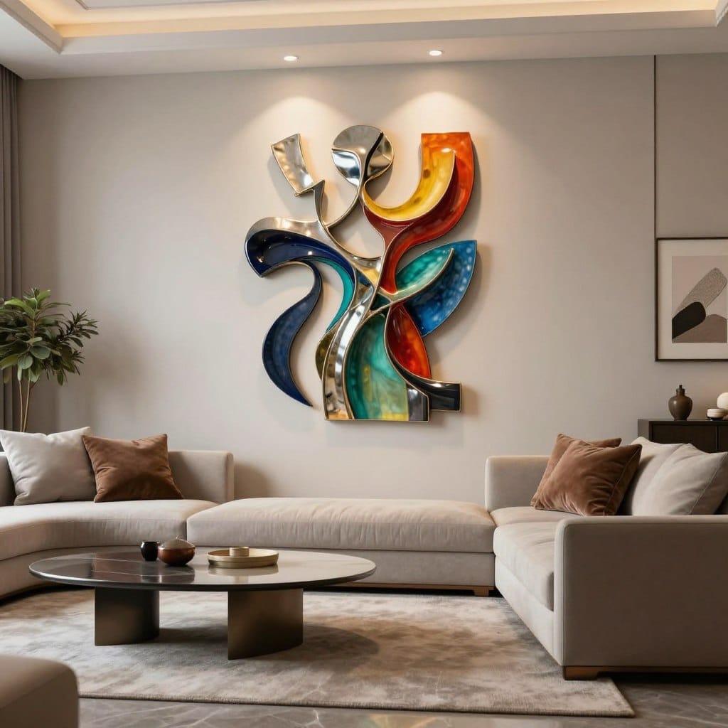 A stylish modern living room featuring a striking 3D wall sculpture as the focal point. The sculpture is abstract in design, composed of flowing lines and geometric shapes, crafted from polished metal and vibrant colored resin, casting intricate shadows. In the foreground, the sculpture is illuminated by soft, warm ambient lighting, highlighting its textures and contours. The middle ground showcases a contemporary sofa with plush cushions and a chic coffee table, while a sleek rug anchors the space. The background reveals a light, airy wall painted in a muted tone, accented by subtle decorative elements like framed art and indoor plants. The scene conveys an inviting and sophisticated atmosphere, perfect for a cozy yet stylish living room.