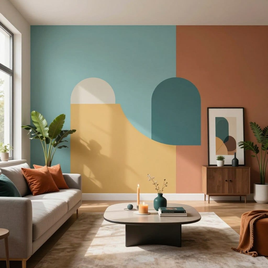 A stylish modern living room featuring an accent wall with a harmonious blend of colors, showcasing various shades like soothing teal, warm mustard, and earthy terracotta, arranged creatively to highlight the concept of color psychology. The foreground displays a cozy sofa adorned with vibrant throw pillows that complement the wall. In the middle, there's a sleek coffee table with decorative elements like candles and books, enhancing the ambience. Soft, natural light filters through large windows, creating inviting shadows and highlights. In the background, tasteful decor items like plants and art pieces add depth, reflecting a contemporary aesthetic. The overall mood is serene and inspirational, perfect for illustrating modern interior design principles.