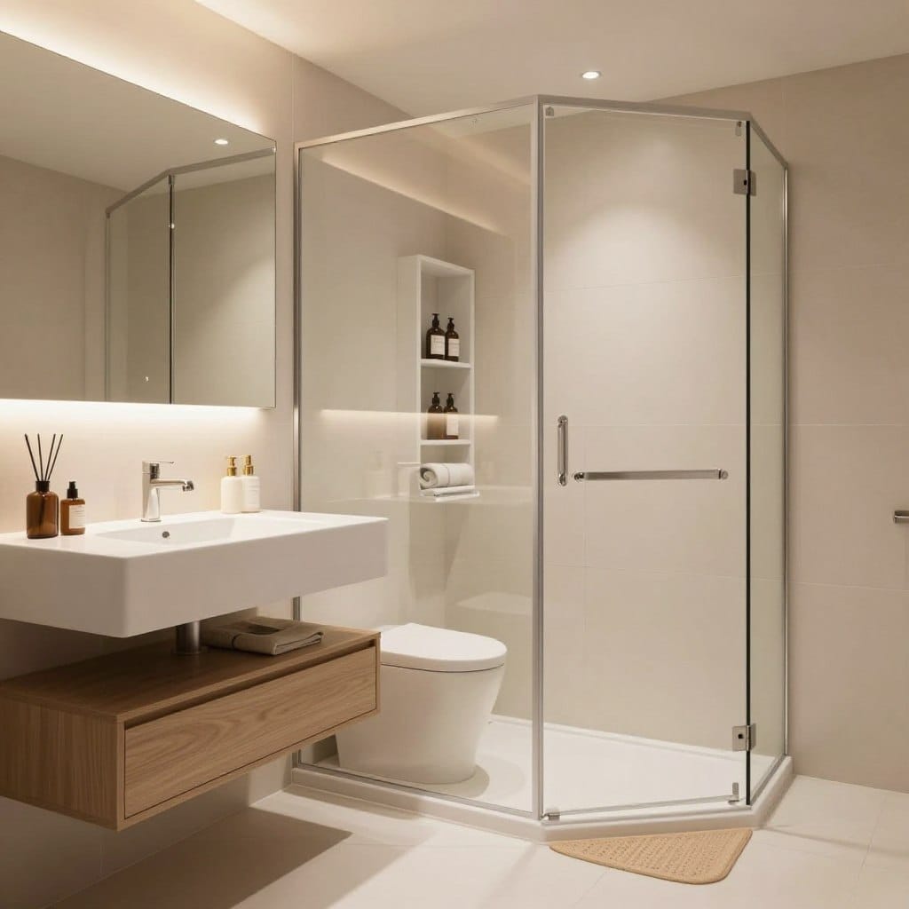 A stylish, modern small bathroom featuring innovative space-saving solutions. In the foreground, showcase a compact floating vanity with clever storage, integrated lighting, and chic decor, alongside a foldable shower bench. In the middle, a well-organized corner shower with clear glass panels and a vertical storage rack for toiletries. The background features light-colored tiles and a large mirror that enhances the sense of space, illuminated by soft, warm lighting that creates a welcoming atmosphere. The perspective should be from a slight angle to capture the layout effectively. The overall mood should be chic and functional, emphasizing smart design solutions for maximizing space in tiny bathrooms.