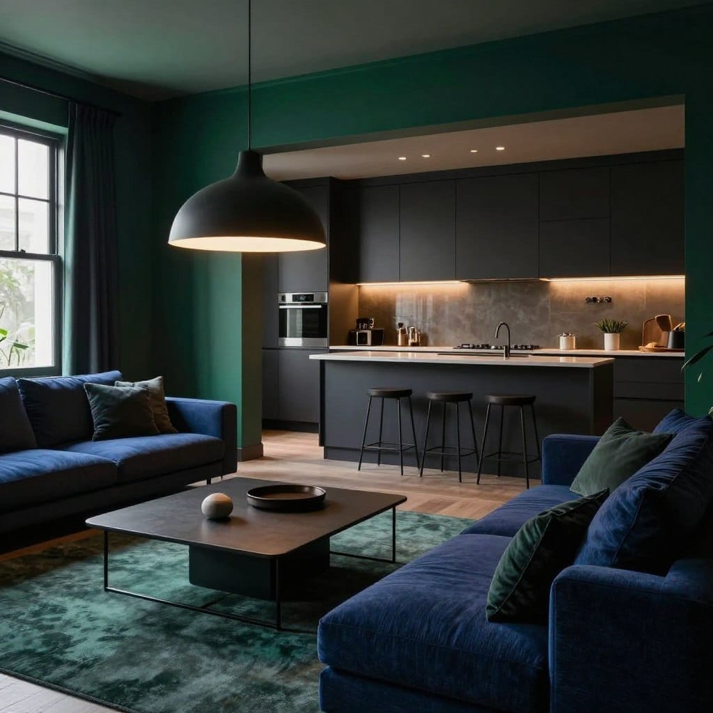A stylish open-plan living area featuring moody, dramatic hues, focusing on deep navy blue and rich emerald green as dominant wall colors. In the foreground, a sleek, modern sofa upholstered in textured fabric, complemented by layered throws in darker shades. The middle of the scene showcases an elegant coffee table adorned with minimalistic decor, while an artistic pendant light casts warm, ambient lighting, creating inviting shadows. The background reveals a spacious kitchen with dark cabinetry and modern appliances, harmonizing with the overall color palette. The atmosphere is intimate and sophisticated, enhanced by soft window lighting illuminating the space. Capture this scene from a slightly elevated angle to emphasize the open layout and cohesive design.