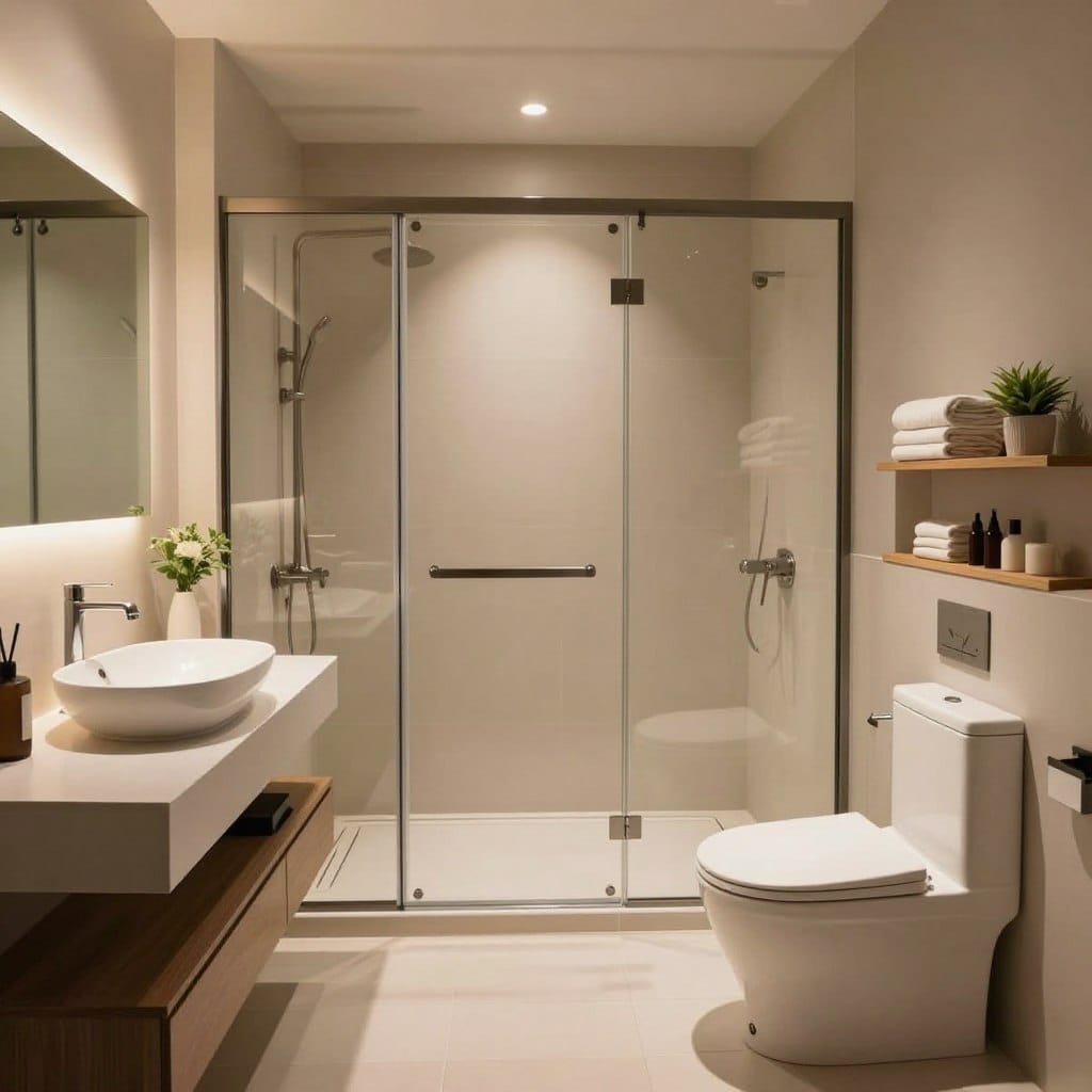 A stylish small bathroom showcasing multifunctional fixtures and furniture. In the foreground, a sleek, space-saving vanity with integrated storage and a modern vessel sink. The middle features a compact shower unit with a glass door, cleverly designed to maximize space, alongside a multifunctional toilet with storage capabilities. The background subtly includes wall-mounted shelves holding neatly stacked towels and decorative plants, enhancing the ambiance. Soft, warm lighting illuminates the room, creating a cozy atmosphere, while a wide-angle lens captures the entire layout. The walls are adorned with neutral tones, paired with chic accessories. The overall mood is contemporary and inviting, blending style with functionality, perfect for small spaces.